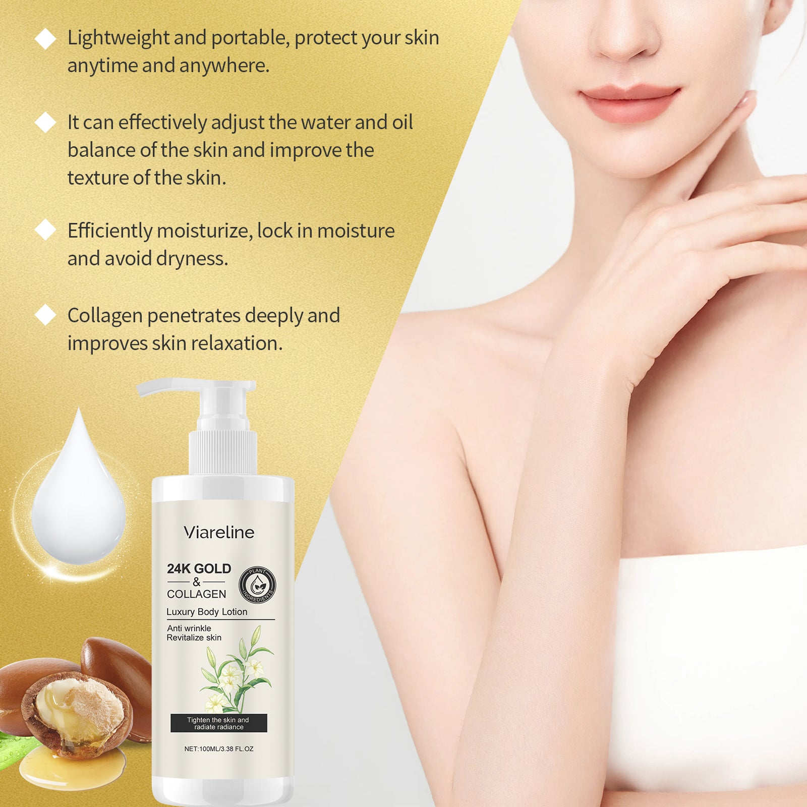 Viareline Gold Collagen Body Lotion Hydrates And Moisturizes Skin Refreshing, Tender And Nourishing Body Lotion